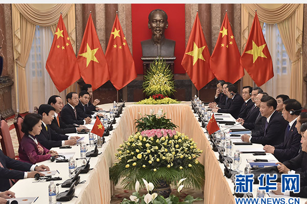 11月6日，中共中央總書記、國家主席習近平在河內同越南國家主席張晉創舉行會談。 新華社記者李濤攝