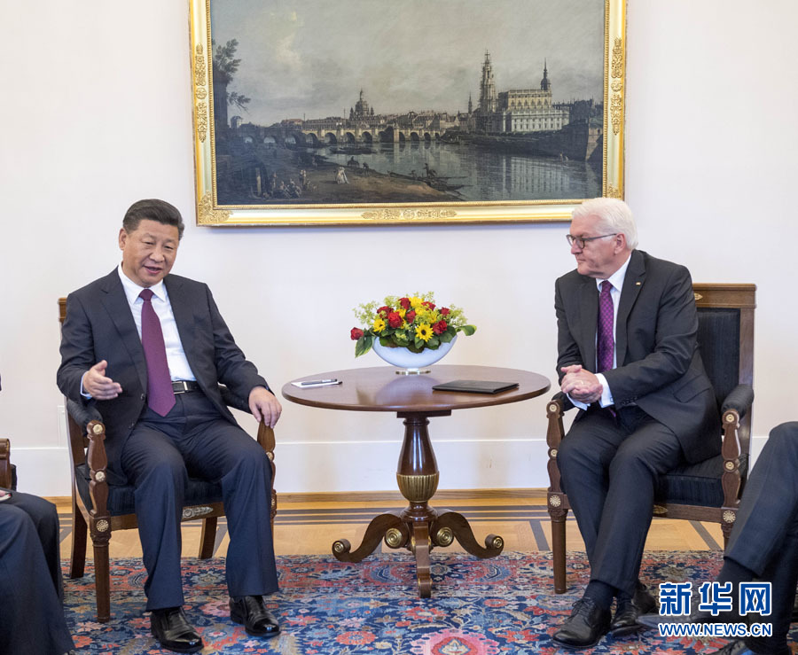 7月5日，國(guó)家主席習(xí)近平在柏林會(huì)見(jiàn)德國(guó)總統(tǒng)施泰因邁爾。 新華社記者李學(xué)仁 攝
