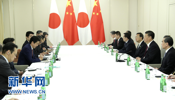 7月8日，國家主席習近平應約在漢堡會見日本首相安倍晉三。新華社記者 馬占成 攝