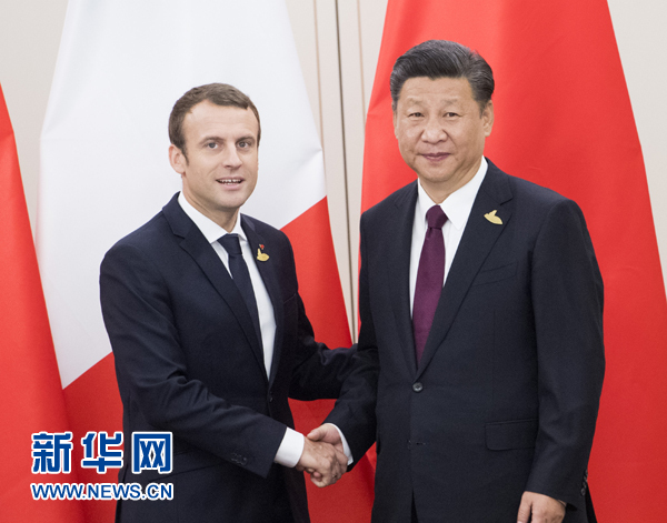 7月8日，國家主席習近平在漢堡會見法國總統馬克龍。新華社記者 李學仁 攝